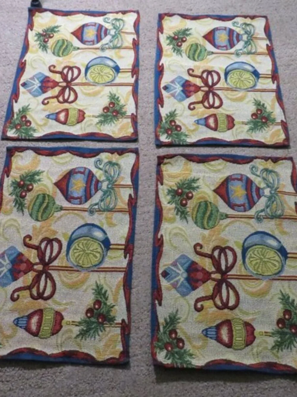 Jewel Tone Christmas Ornament Woven Tapestry (4) Placemats Holiday Cottagecore